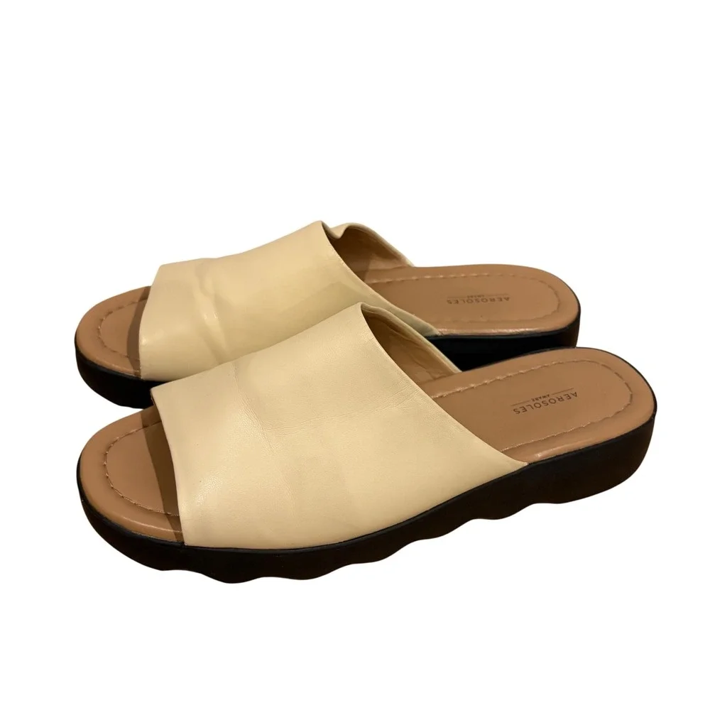 Aerosoles Womens Wanza‎ Wedge Sandal Cream Leather Slip On Comfort Shoes 10
